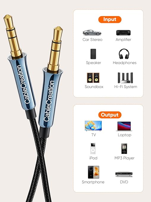 CableCreation 3.5 mm Aux Cord 1.5 FT/0.46 M, 3.5 mm Audio Cable Male to Male, Hi-Fi, 1/8 Inch Braided Auxiliary Stereo Jack Cable for Headphone, Car Stereos, Phone, Speaker, Laptops, Phone, Bule
