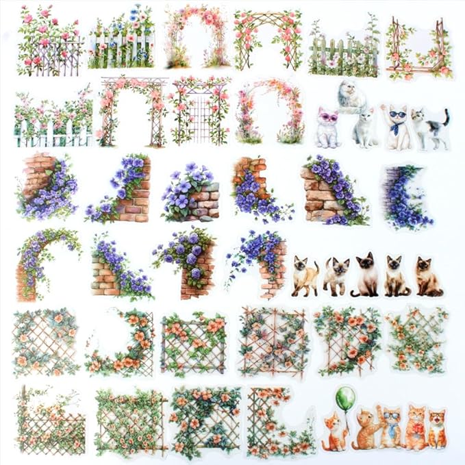 Dwpetzo 90Pcs Unique Transparent PET Stickers for Journaling, Garden Fence with Cat Landscape Stickers for Scrapbooking, Junk Journal Supplies, Collage, Planner