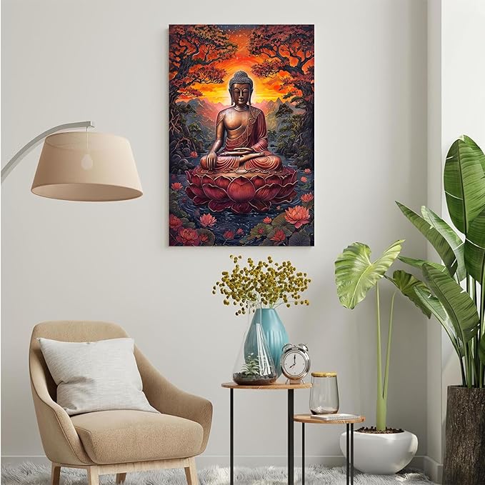 Golden Buddha on lotus seat serene meditation statue amidst lush trees flowing water and sunrise light spiritual home art for a tranquil decor 24x36in Wood Framed