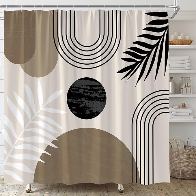 Mid Century Modern Shower Curtain Boho Brown Abstract Retro Aesthetic Fabric for Bathroom Decor Bathtub with Hooks (70" WX84 H)