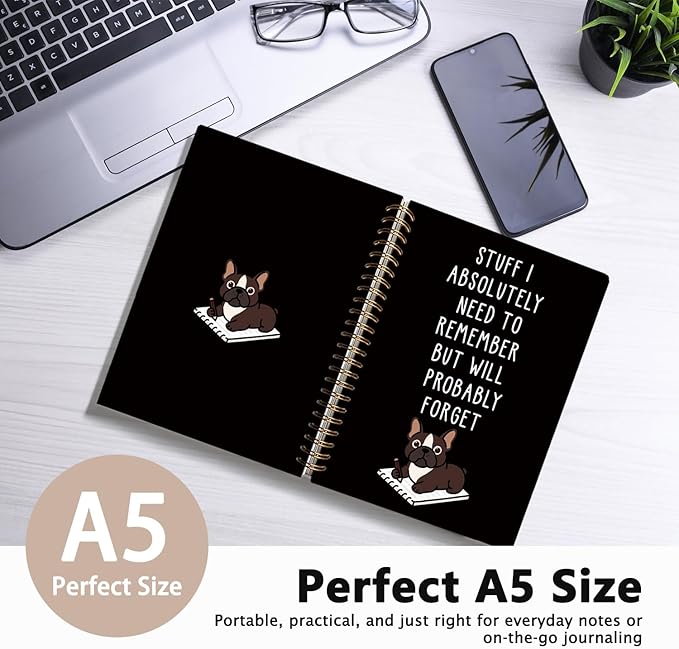 LIANGW Funny French Bulldog Notebook Journal Gifts for Women & Men, Frenchie Gifts for Women, for Coworkers, Black Hardcover Spiral Notebook 5.5x8.3 Inch