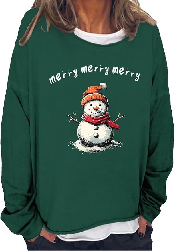 LOAIHA Christmas Shirts for Women Crewneck Snowman Snowflake Santa Graphic Shirts Christmas Tree Long Sleeve Xmas Hoodie
