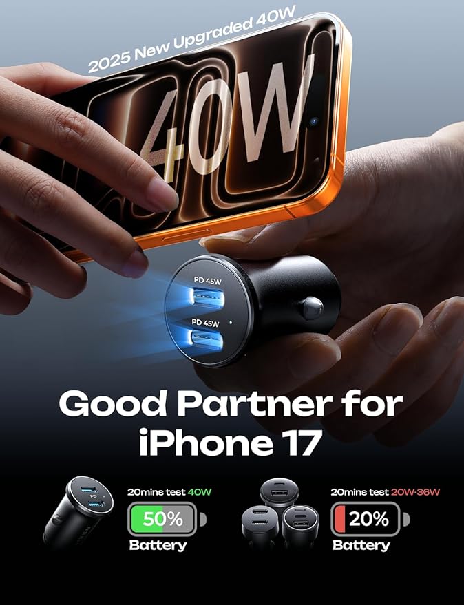 LISEN 90W USB C Car Charger for iPhone 17 Car Charger 45W Fast Charging, 2-Port PD 45W & QC 3.0 Cigarette Lighter USB Charger [All Metal&Mini] for iPhone 17 Air/16/15/14/13 Pro,Samsung Galaxy S26/S25