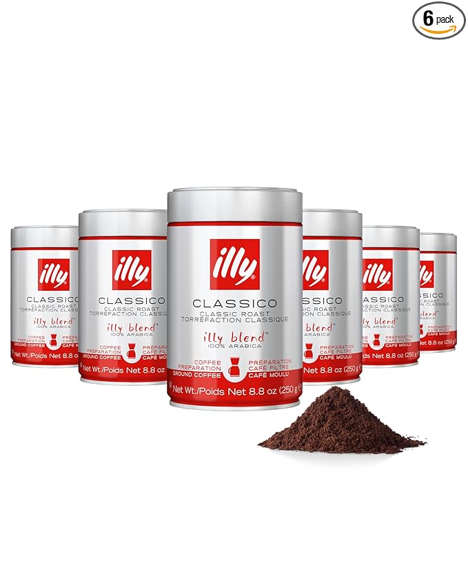 illy Ground Drip Coffee, Classico Medium Roast, 100% Arabica, Premium Italian Coffee, Pre-Ground for Drip Brewers, 8.8 oz, 6 Pack