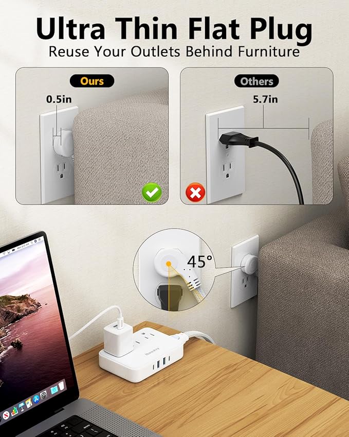 Innovative Power Strip, Cord Removable Design, Huntkey 3 Outlets Non Surge for Cruise, Travel Power Strip with 4 USB Ports (2 USB-C, 2 USB-A), ETL Listed, Customize Cord Length