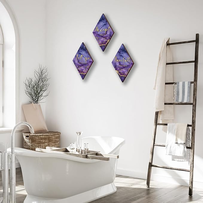 3Pcs Purple And Gold Bathroom Decor Purple Gold Wall Decor with Accept Let Go Have Faith Quote Rustic Farmhouse Wooden Hanging Signs for Women Home Living Room Bedroom(Purple Gold 12x7)