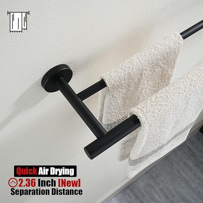 JQK Double Bath Towel Bar, Matte Black 33 Inch 304 Stainless Steel Thicken 0.8mm Towel Rack for Bathroom, Towel Holder Wall Mount, Useable Length 30 Inch 2 Pack, TB100L30-PB-P2