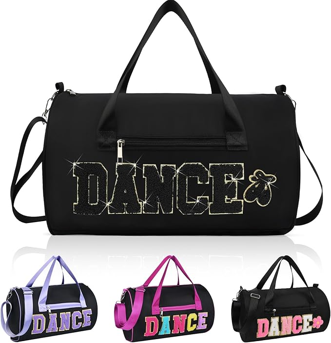 Dance Bag for Girls, KUIRAN 23L Waterproof Travel Duffel Bag with Colorful Chenille Letter, Lightweight Small Gym Sport Ballet Weekender Bag with Large Main Compartment - Black/Gold