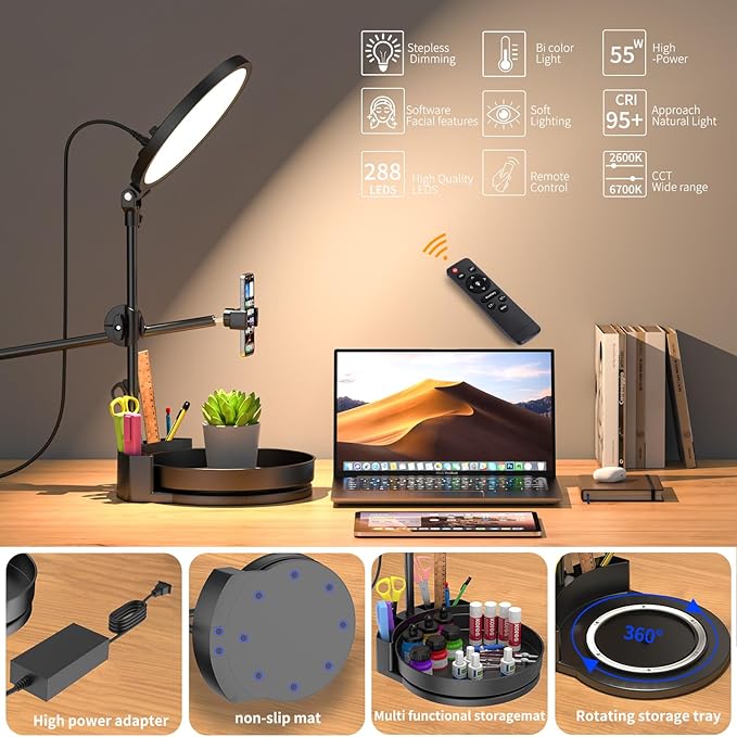 Selfie Light Kit for Desk and Laptop,55W Dimmable Full Screen Ring Light,with Rotating Storage Box,Pen Holder Stand,Phone Holder and Controller (Ice Blue, 10.5)