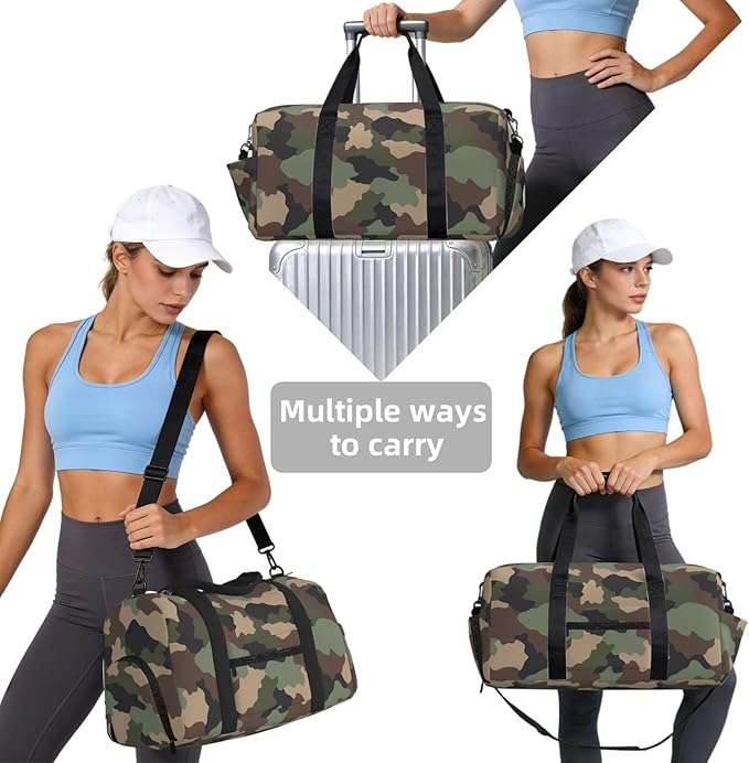 Camouflage Woodland Camo Khaki Tan Black Women'S Gym Duffle Bag With Shoes Compartment, Ideal For Travel, Gym, Sports, Duffel, Weekender