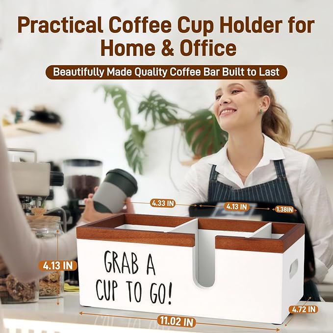 Intarsio 100% Wooden Coffee Cups Holder with U-Shape Cutout Design for Countertop-Coffee Bar Organizer for Cups, Lids, Pods, Stirrers, and Accessories, Great Gift for Home or Office (White)