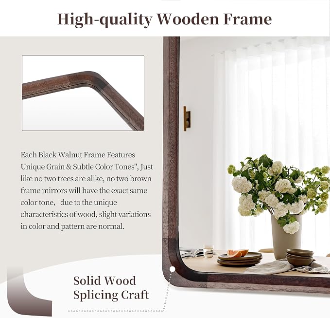Tanmicoshomy Wood Bathroom Mirror 30 x 36 Inch, Solid Wood Framed Rectangle Mirrors with Tempered Glass for Living Room Bedroom or Entryway(Dark Brown)
