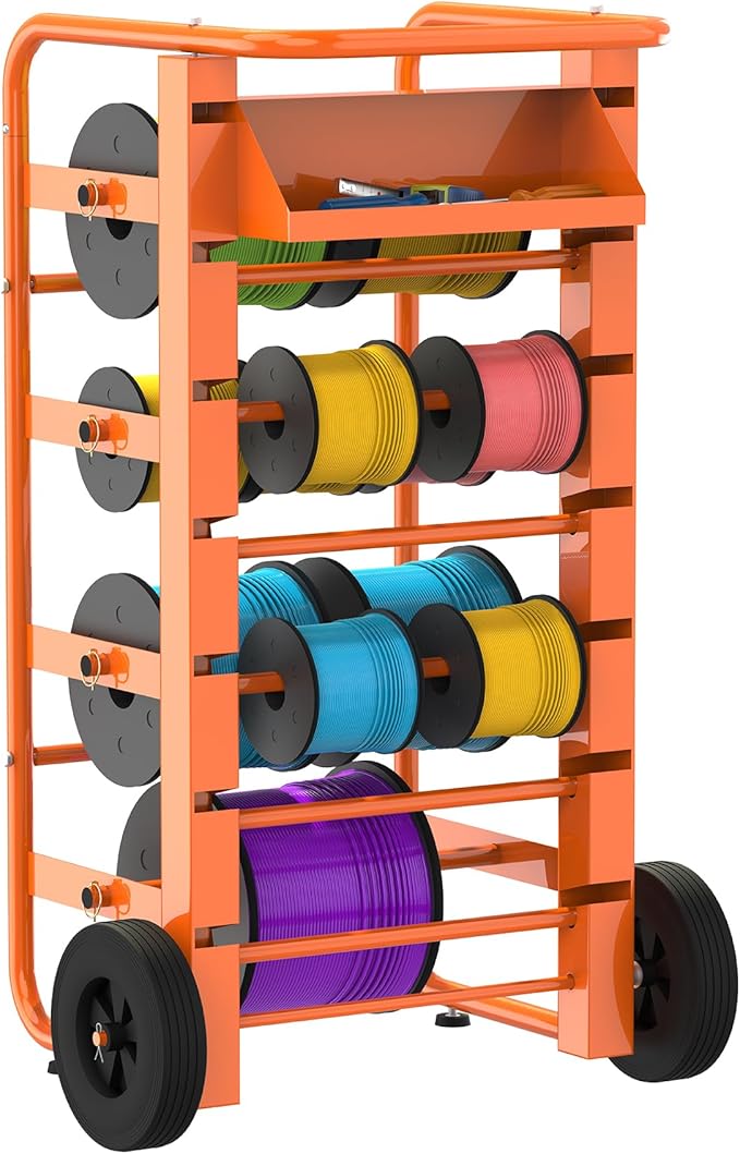 Tredre Orange Wire Spool Rack with Wheels, Heavy Duty Cable Holder with 11 Rods – Mobile Multi-Spool Wire Rack Dispenser with Wheels and Storage Box for Efficient Workplace Cable Management