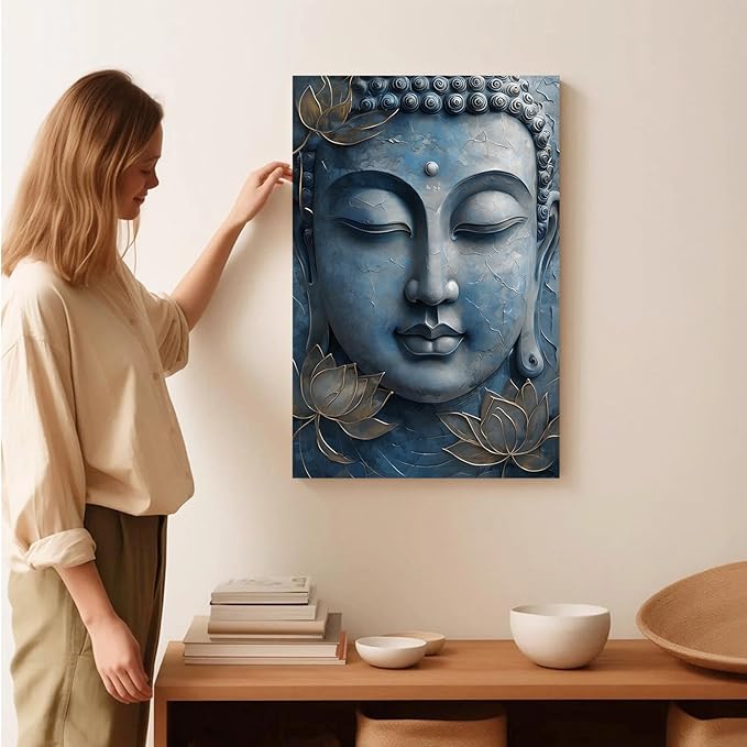 Canvas wall art Golden lotus crown Serene Buddha poster Ethereal blue toned art with delicate floral decor Zen wall art for a tranquil meditation space 12x18in Wood Framed