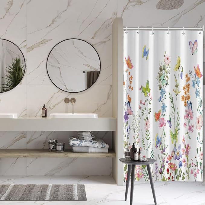 Spring Floral Butterfly Shower Curtain Summer Colorful Wildflowers Botanical Shower Curtain for Rustic Vintage Bathroom Decor Easter Shower Curtain Set 36x72 Inches