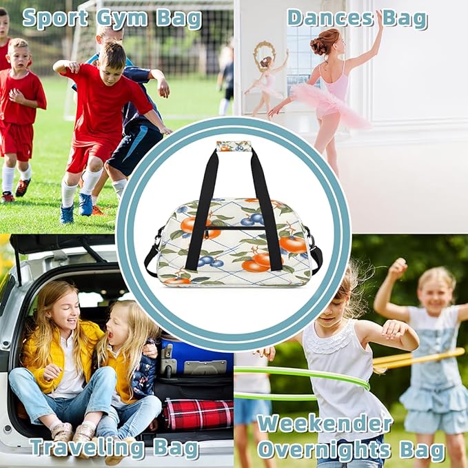 Travel Duffle Bag, Orange Fruit Blue Check Waterproof Weekender Overnight Bags for Women Men Lightweight Carry on Duffle Gym Bag for Travel, Sports, Fitness, Workout