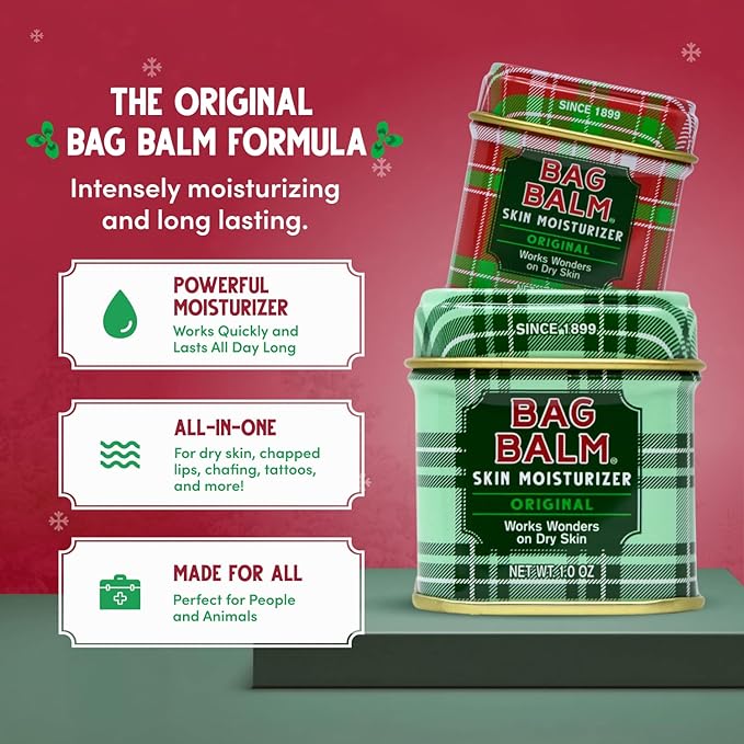 Bag Balm Mini Tin Gift Set – Bundle of 4 Limited Edition Tins (Red Star, Pink Star, Green Plaid, Red Plaid) – Multi-Use Moisturizing Balm for Dry Skin, Lips, Hands and Winter Hydration