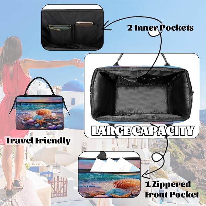 Overnight Weekender Bags for Women Men, Colorful Sunset Beach Shell Starfish Waterproof Travel Carry On Duffel Bag, Lightweight Sports Gym Bag for Fitness, Workout, Travel