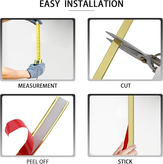 Glossy Gold Peel and Stick PVC Molding Trim, Flexible DIY Wall Accent Strip for Mirror Frame, Cabinet, Edges & Borders and Tiles (394''L x 1.6''W)