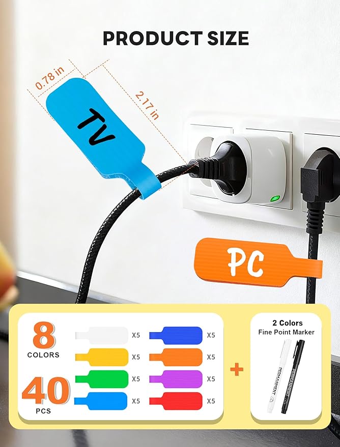 40 Pcs Cable Labels with 2 Colors Fine Point Marker, for Organizing Wires and Identification, Multicolored Handwriting Cord Labels, Reusable with Multiple Uses - Large Size
