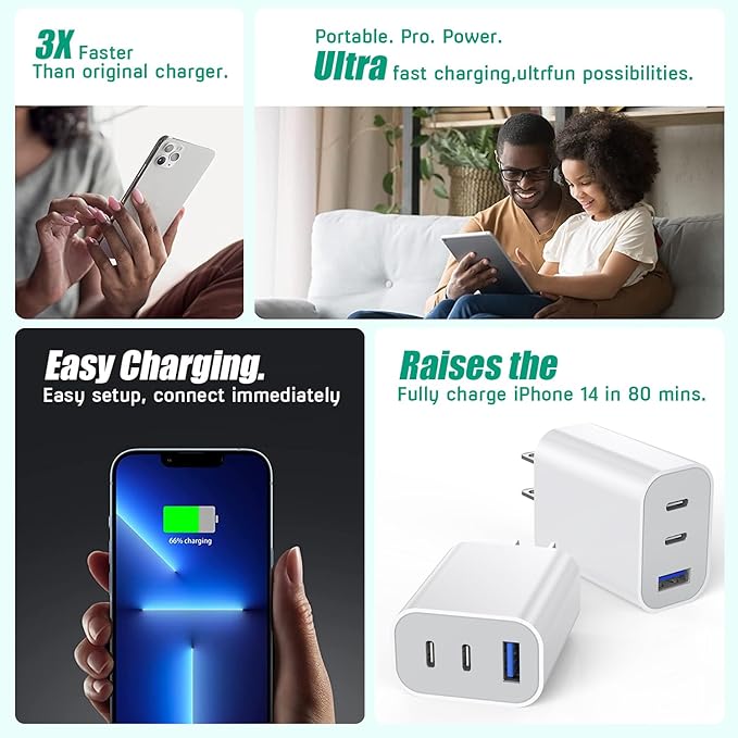 [2-Pack]iPhone 17 16e 15 Charger Block,35W 3-Port Fast USB C Charger Block Dual Port PD Power Adapter + QC Wall Plug Multiport USBC Wall Charge Block for iPhone 17/17 Air/17 16 15 Pro/Pro Max/14/13/12