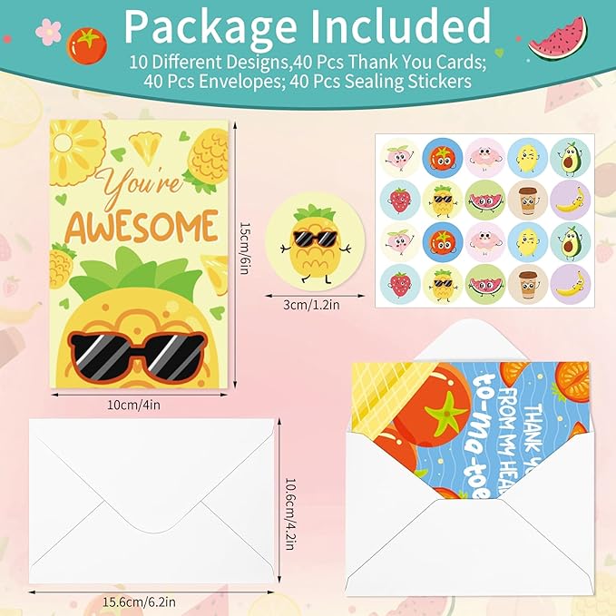 Thboxes 40 Pack Funny Thank You Cards with Envelopes & Stickers, 4×6 in Cute Thank You Card, Blank Cards and Envelopes Greeting Card for Kids Birthday, Wedding, Baby Shower, Thanksgiving, Christmas