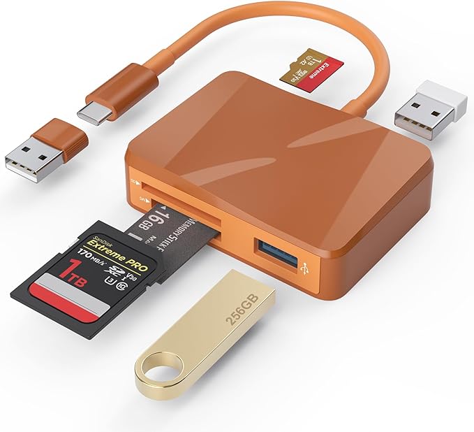 SD Card Reader, 5 in 1 USB-C & USB Card Adapter with SD/MicroSD/MS and Dual USB-A Ports Memory Card Reader for iPhone 17/16/15 Pro Max iPad MacBook Pro/Air M4/M3 Android Phone/Tablet PC (Terracotta)