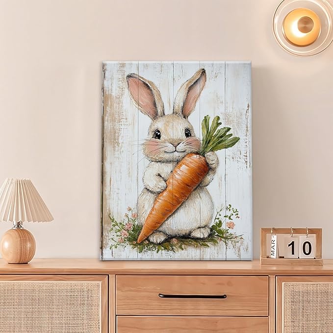 Rabbit Wall Art, Easter Bunny Pictures Wall Decor, Farmhouse Rabbit Carrot Canvas Prints, Rustic Cute Animal Painting Framed Artwork for Bathroom Living Room Bedroom Office Dining Room 20"X16"