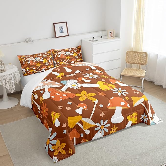 Castle Fairy 60s 70s Retro Hippie Bedding Comforters King Size,Groovy Flowers Mushroom Print Comforter Set for Children Xmas Gift,Boho Art Quilt Set Bedroom Decor, 2 Pillowcases