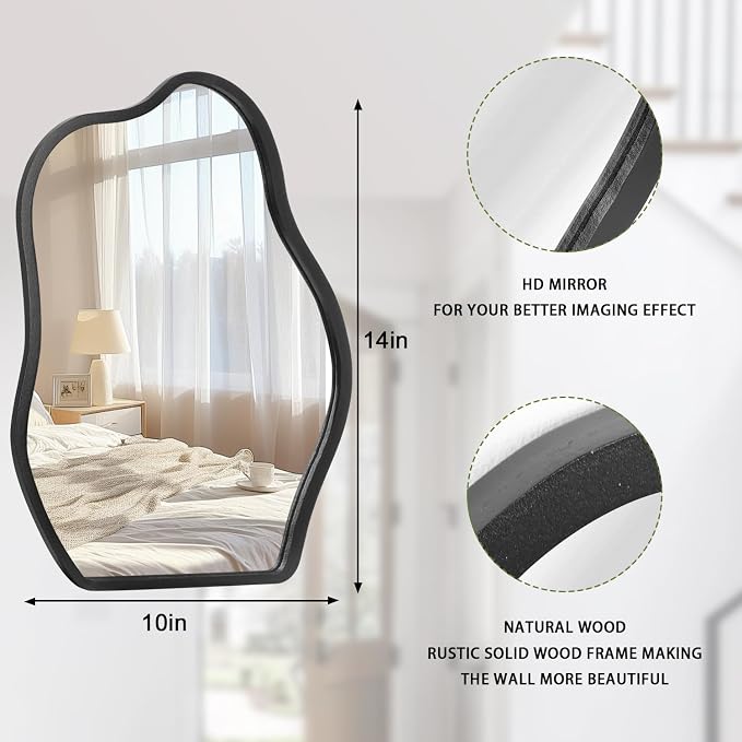 Asymmetrical Wood Frame Mirrors for Wall Oval Hanging Mirror Unique Irregular Modern Mirror for Entryway Hallway Living Room Bedroom Vanity Decorative Artistic Wall Mirror