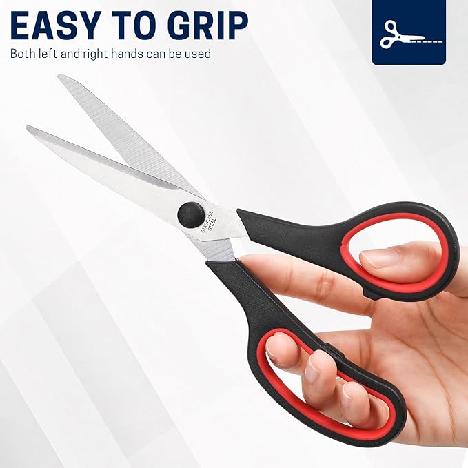 5-Pack, 8" Scissors All Purpose Comfort-Grip Handles Sharp Scissors for Office Home School Craft Sewing Fabric Supplies, High/Middle School Student Teacher Scissor, Right/Left Handed
