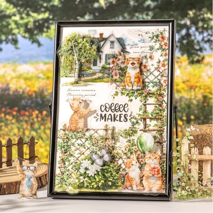 Dwpetzo 90Pcs Unique Transparent PET Stickers for Journaling, Garden Fence with Cat Landscape Stickers for Scrapbooking, Junk Journal Supplies, Collage, Planner