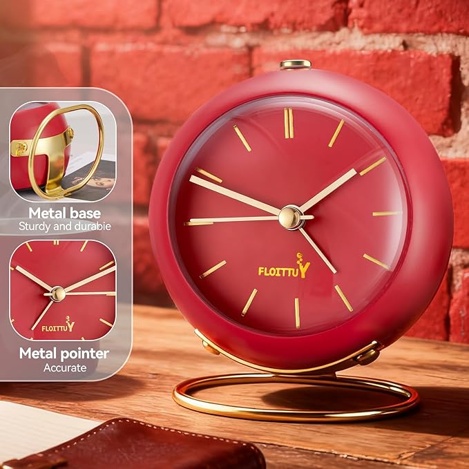 FLOITTUY Silent Table Analog Alarm Clock No Ticking, Lighted on Demand and Battery Operated, Beep Sounds, Small Desk Clock(Tomato Red)