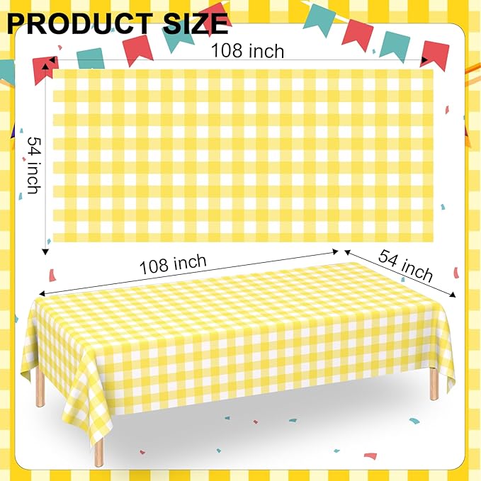 WNINK 2 Pack Light Yellow Gingham Rectangular Plastic Tablecloths, Yellow and White Checkered Disposable Table Covers 54" x 108" for Birthday, Wedding, Bridal Shower, Outdoor Picnic Camping Parties