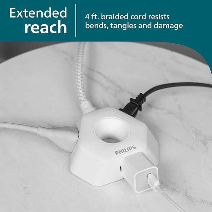 Philips EZGrip Indoor Extension Cord with Multiple Outlets, 3 Prong Grounded Cord, Short Extension Cord, Ergonomic Design, 16AWG, 4ft Braided Cord, ETL Listed, White, SPS3574W/37