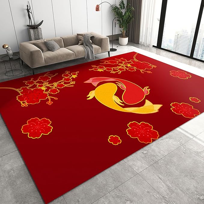 Chinese Style Koi Area Rug, Red Background Plum Blossom Non Slip Accent Rug, Machine Washable Durable Carpet for Indoor Bedroom Living Room Office Decor Rug - 6 ft x 9 ft