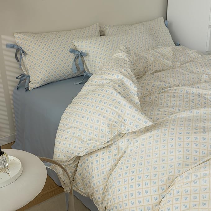 LifeTB Blue Floral Comforter Set Twin XL Cute Flower Comforter Set Cottagecore Botanical Bedding Comforter Twin XL for Teens Girls Aesthetic White Blue Grid Comforter with 2 Bow Ties Pillowcases