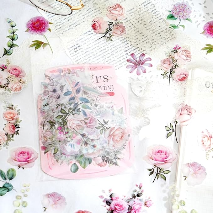 Obujopal 100 Pcs Pink Flower Stickers for Scrapbooking Junk Journal Notebook Diary Planner Letter Card Making Collage Envelope Water Bottle Phone Case Craft Decoration (Pink)