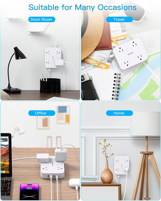 Flat Extension Cord 3 Ft, HANYCONY Power Strip with 4 USB Ports(2 USB C), 4 Widely Outlets Extender, Wall Mount, Desk Charging Station for Office, Travel and Dorm Room Essentials, ETL Listed