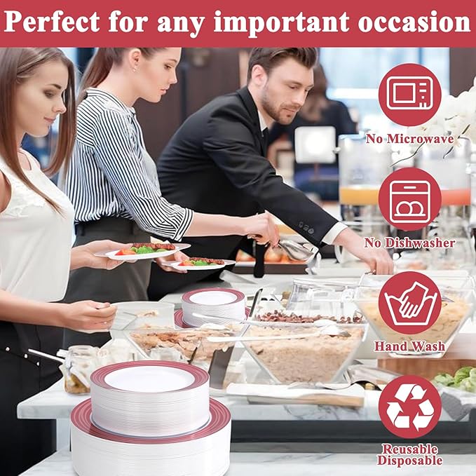 100PCS Reddish Brown Disposable Plastic Plates Include 50PCS 10.25inch Dinner Plate and 50PCS 7.5inch Dessert Plate Heavy Duty Plastic Dinnerware for Party Wedding Anniversary New Year
