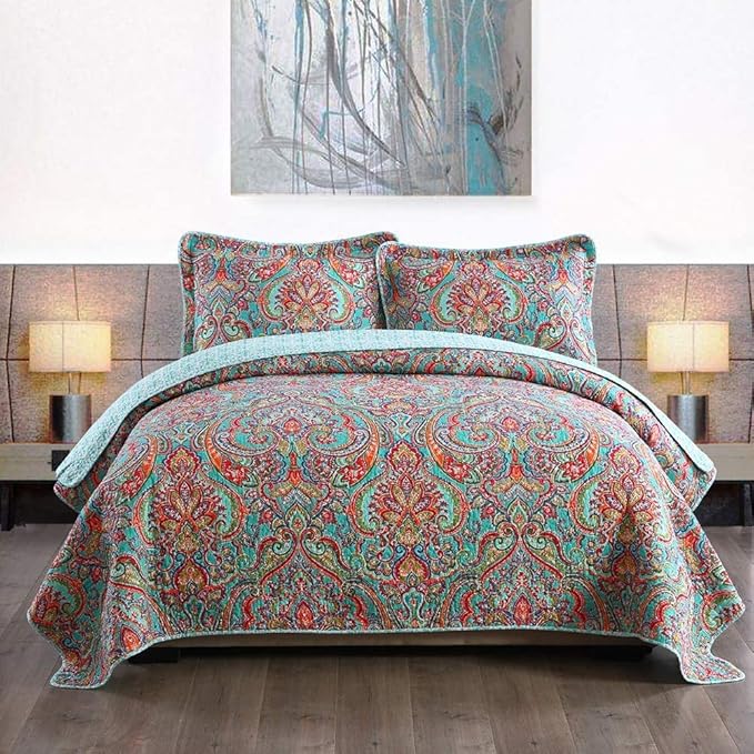 Travan 3-Piece Bedspread Quilt Set Oversized Reversible Quilted Bedding Cotton Coverlet Set with Shams, Gorgeous Floral Pattern, Twin Size