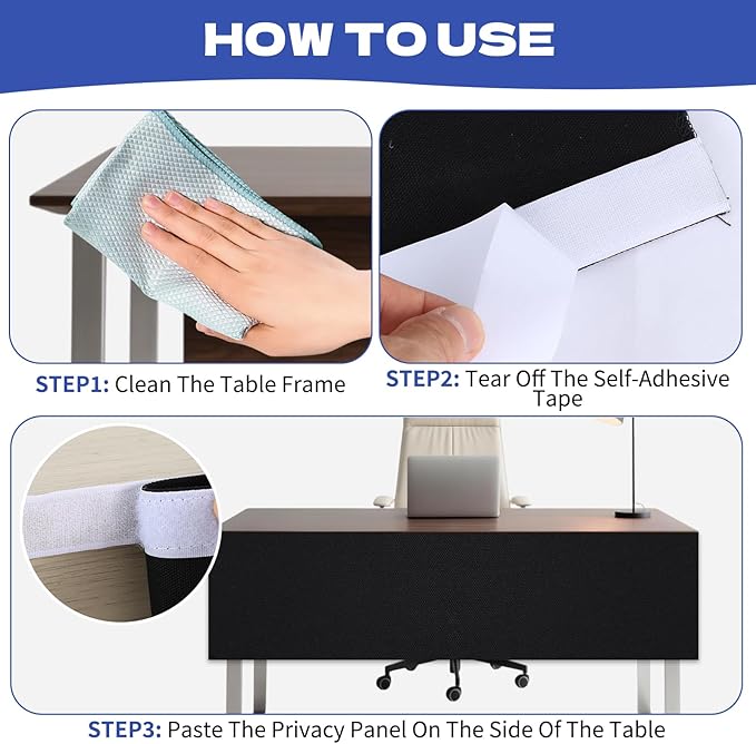 Under Desk Privacy Panel, 62"x15" Self-Adhesive Modesty Screen, Heavy Duty Canvas Skirt for Easy Privacy on Sit-Stand Desks in Home Studio & Office, Black (2-Pack)