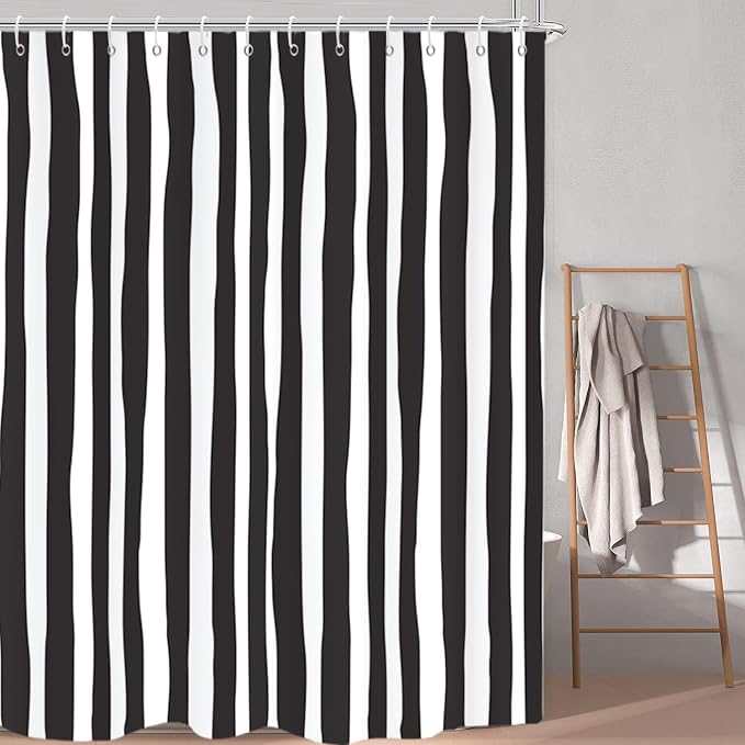 Black and White Extra Long Shower Curtain, Striped Boho Minimalist Modern Waterproof Fabric Machine Washable for Bathroom Decor Bathtub with Hooks 72Wx78H