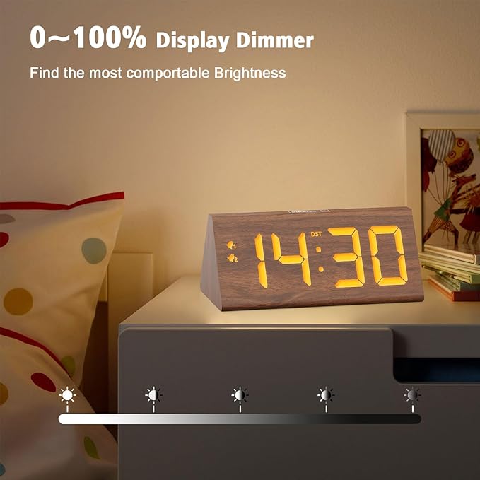 fomobest Wooden Digital Alarm Clock with Dual USB Charging Ports, DST, Dimmable, Snooze, Modern Large Time Display LED Clock for Kids Bedrooms, Living Room, Desk, Table, Bedside, Nightstand (Brown)
