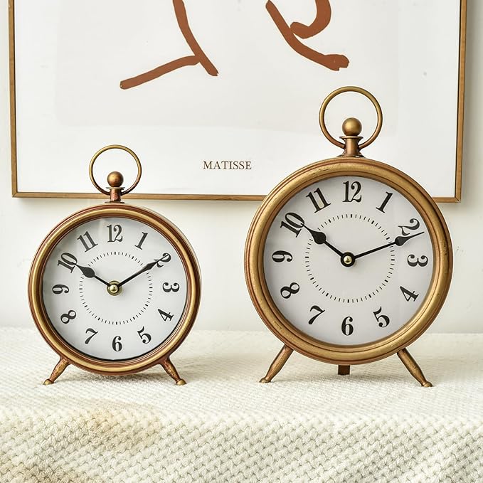 MACVAD EMAX Home Vintage Small Table Clock on Stand,Desk and Shelf Clock Decorative Farmhouse Mantel Non-Ticking Clock Rustic Metal Frame with Antique Gold Finish 9.3 Inch…