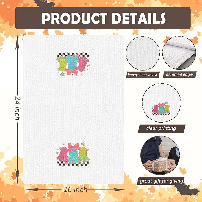 Halloween Ghost Kitchen Towels, Coquette Pink Bow Ghost Dish Tea Towels for Kitchen Decor, Trendy Spooky Halloween Decorative Hand Towel for Bathroom, 16x24 Inches