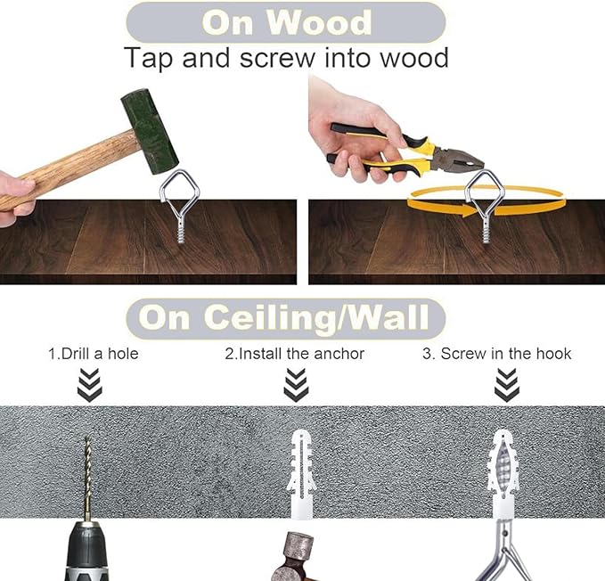 Sexoeie 50 PCS Sliver Eye Screw Hooks for Hanging Heavy Duty with Safety Buckle.Metal Ceiling Hooks for Hanging Plants Cup Wind Chime Bird Feeders Patio Lights at Indoor&Outdoor