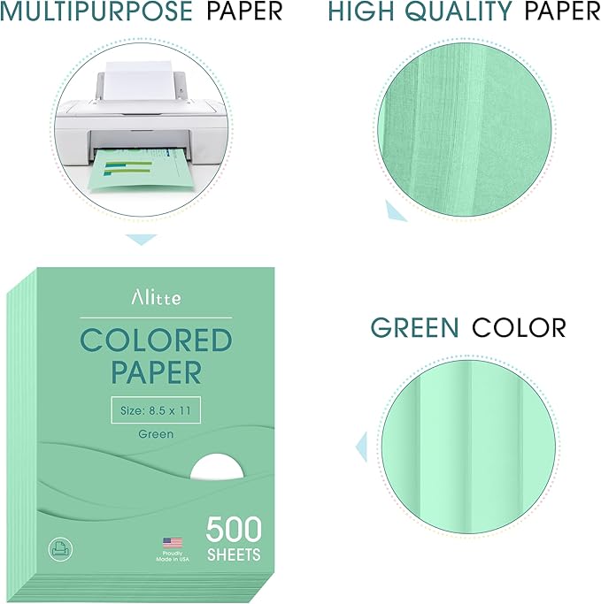 Alitte Colored Paper 500-Sheets - Green Paper, 8.5 x 11 Colored Printer Paper, Arts & Crafts, DIY Projects - School & Office Supplies - Pastel Copy Paper, 1 Ream, Made in the USA