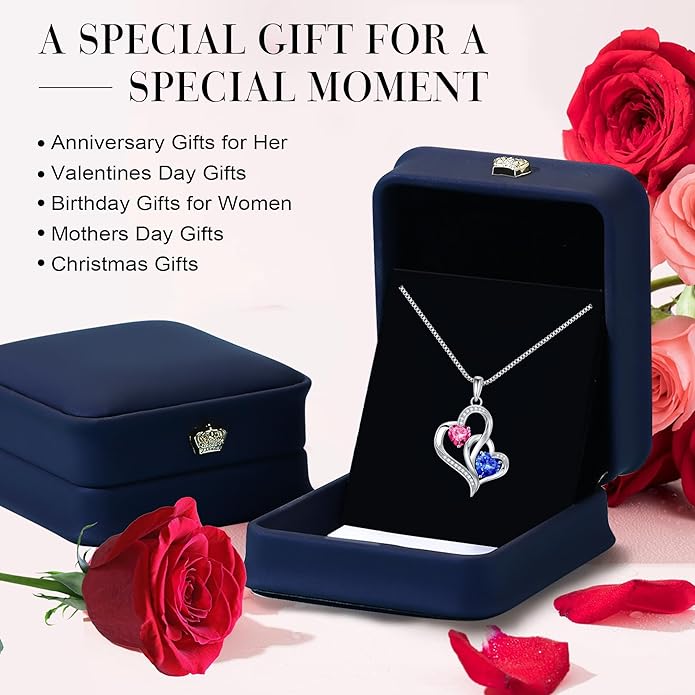 Iefil Christmas Gifts for Women - Double Heart Birthstone Necklace, 925 Sterling Silver Heart Pendant Necklace, Anniversary Birthday Gifts for Women | Personalized Jewelry Gift for Wife Mom Girlfriend