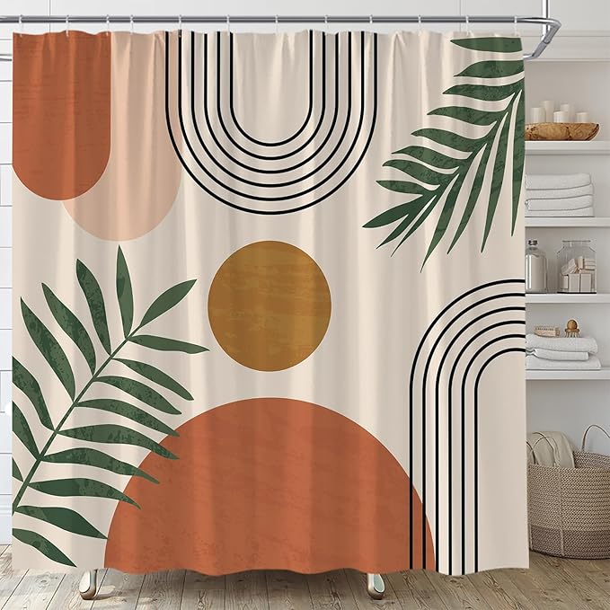 Mid Century Modern Shower Curtain Boho Beige Orange Abstract Retro Aesthetic Fabric for Bathroom Decor Bathtub with Hooks (59" WX70 H)